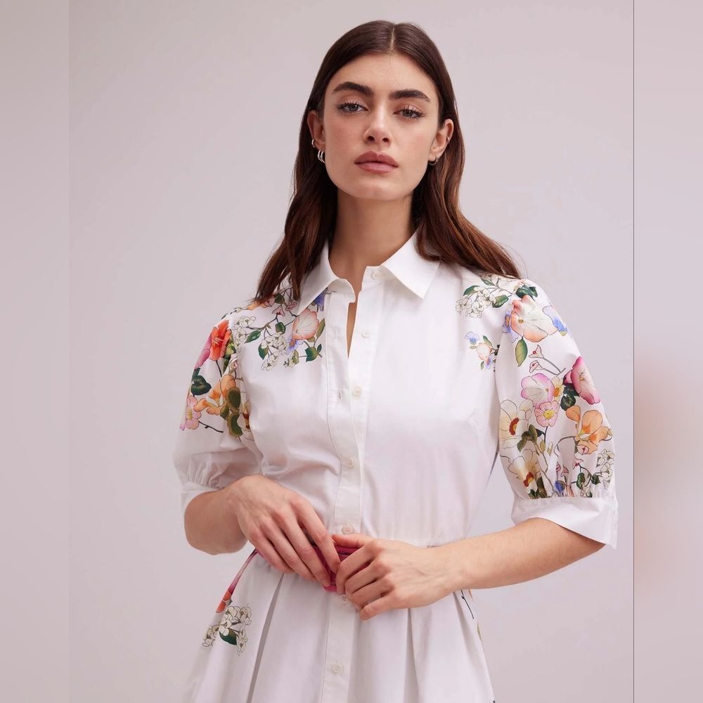 Anne Fontaine White Pink Midi Dress with Cuffed Sleeves